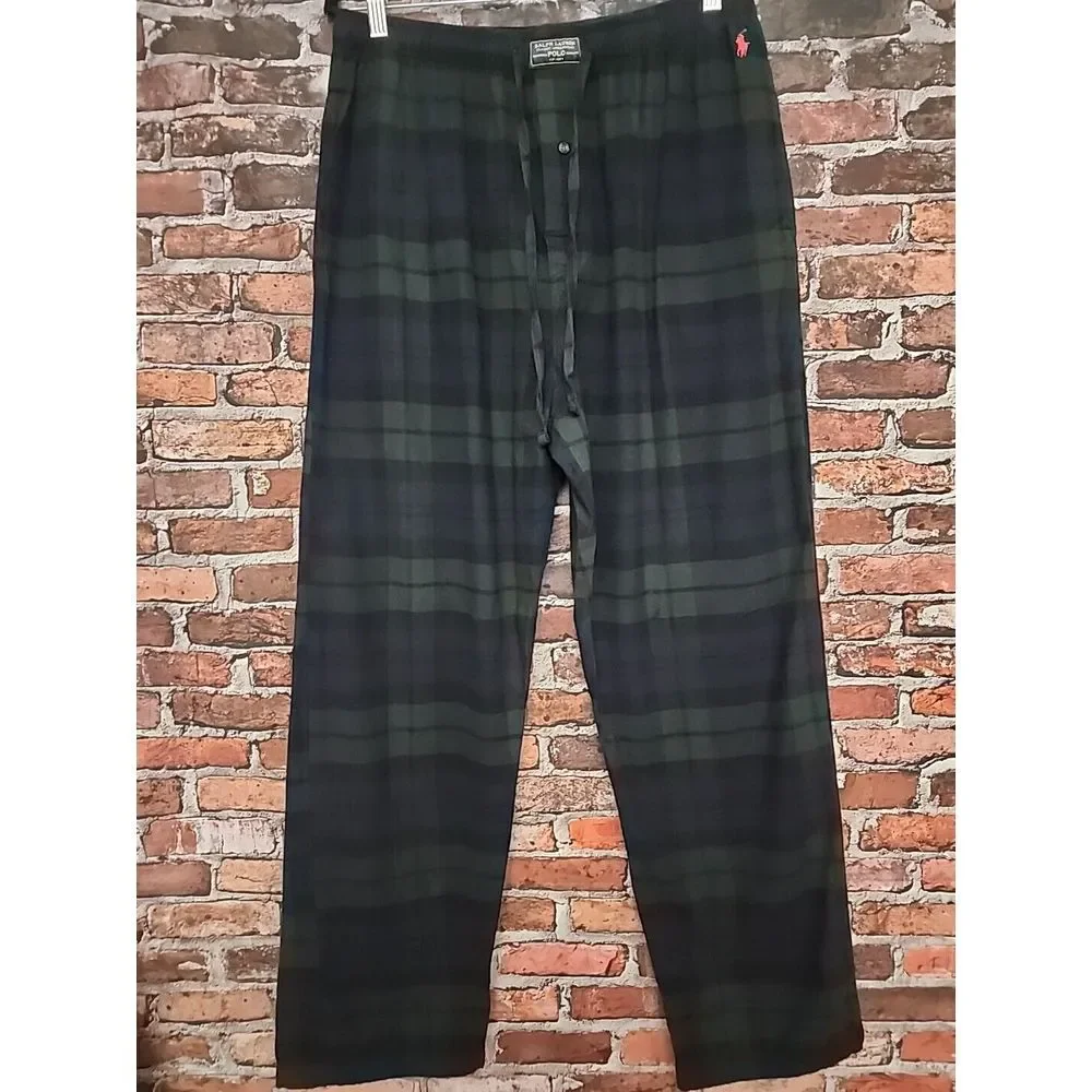 Polo Ralph Lauren Flannel Pajama Lounge Pants  Drawstring  XL Green Blue Pony‎